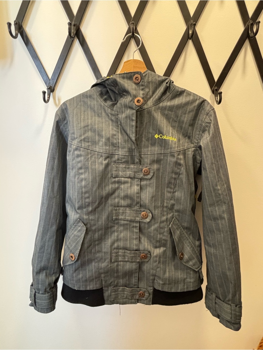 Columbia Gray Pinstripe Hooded Jacket Ski Snow Snowboard Lime Green Unique S